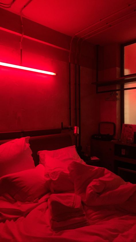 Red Room Lights Aesthetic, Red Hotel Aesthetic, Red Led Lights Bedroom Aesthetic Couple, Neon Hotel Room, Red Light Aesthetic Room, Red Led Room Aesthetic, Bedroom Red Aesthetic, Love Hotel Aesthetic, Red Hotel Room