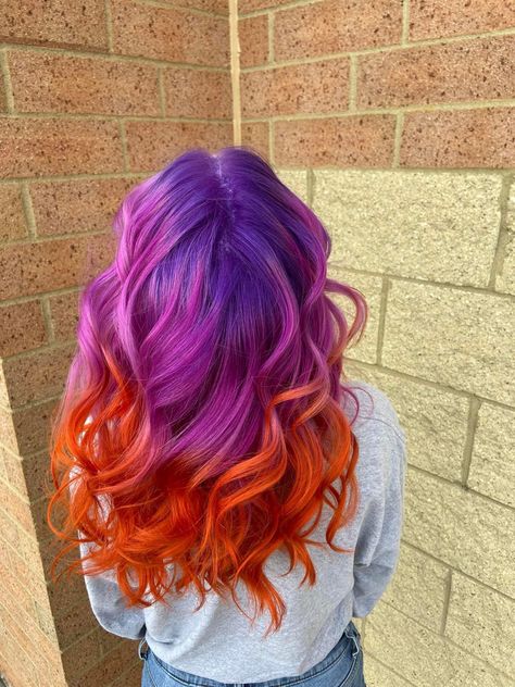 Ombré pink purple orange hair colored dyed sunset sunrise alternative hair Sunset Hair Ombre, Orange Purple Hair, Purple Orange Hair, Purple And Coral Hair, Pink Orange And Purple Hair, Pink Orange Ombre Hair, Sunset Hair Color Ombre, Orange And Purple Hair, Purple And Orange Hair