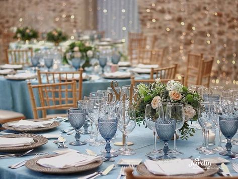 Gorgeous DustyBlue Grey table setting is perfect for your wedding day. Grey Table Setting, Dusty Blue Wedding Decor, Blue Wedding Decor, Blush Wedding Centerpieces, Blue Table Settings, Blue And Blush Wedding, Blue Wedding Centerpieces, Baby Blue Weddings, Blue Wedding Decorations