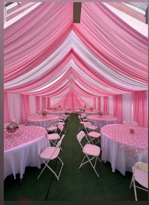 Pink And White Tent Draping, Pink Tent Draping, Pink Drapes Party, Sweet 15 Party Ideas Quinceanera Themes, White Drapes Wedding, Tent Baby Shower, Birthday Cookout, Pink Canopy, Quince Decor