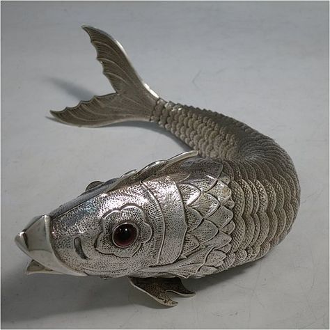 Antique Victorian Silver articulated fish with cabochon garnet eyes, c. 1890. Silver Fish, Handmade Sterling Silver Fish Jewelry, Fish Jewelry Silver, Articulated Fish, Handmade Silver Fish-shaped Necklace, Sterling Silver Articulated Fish, Fish Model, Vintage Fish-shaped Collectible Jewelry, Fish Jewelry