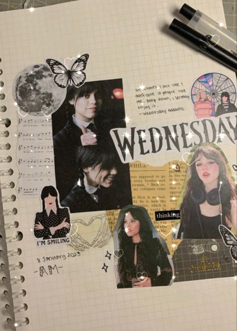 Wednesday Addams Journal Ideas, Wednesday Addams Journal, Wednesday Journal, Movie Journal, Journal Idea, Diy Canvas Art Painting, Wednesday Addams, Bullet Journal Ideas Pages, Scrapbook Journal