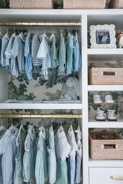 Blue Green Nursery, Clary Bosbyshell, Born On Fifth, Blue Nursery Boy, Nursery Closet Organization, Boys Closet, Nursery Closet, Nursery Room Design, Green Nursery