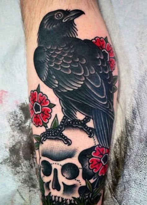 40 Traditional Crow Tattoo Designs For Men - Old School Birds Bird Skull Tattoo, Raven Tattoos, Black Heart Tattoos, Crow Tattoo Design, Traditional Tattoo Sleeve, Scary Tattoos, Crow Tattoo, Raven Tattoo, Tattoo Old School