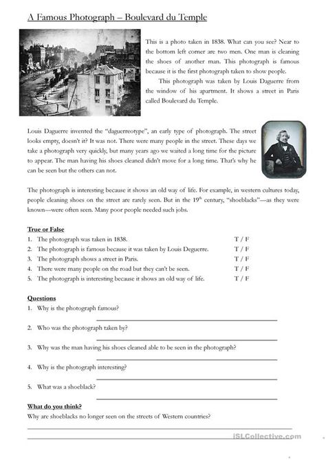 A Famous Photograph - reading comprehension - English ESL Worksheets Reading Comprehension For High School, Social Studies Reading Comprehension, First Photograph Ever Taken, High School Reading Comprehension, Esl Ideas, English Lab, Reading Comprehension For Kids, High School Reading, Esl Reading