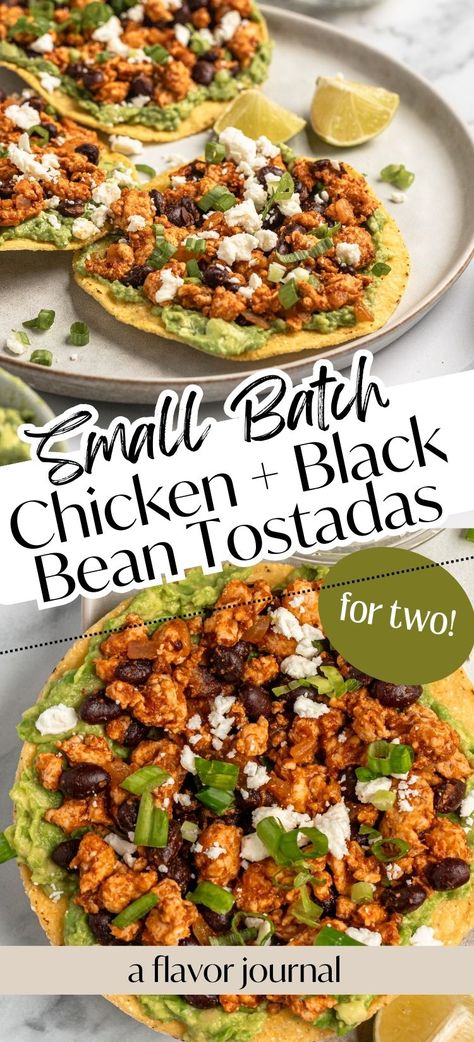 This chicken tostadas recipe is such an easy and DELICIOUS weeknight meal! They're made with ground chicken that's seasoned with onions, black beans, chipotle sauce, and salsa verde, then served with mashed avocado, feta cheese, and chopped green onions. #chickentostadas #recipesfortwo #easyweeknightdinner #easydinnerideas Baked Tostadas, Chicken Tostadas, Tostada Recipes, Chicken Taco Seasoning, Mashed Avocado, Quick Weeknight Dinners, Appetizer Salads, Meals For Two, Cooking Together