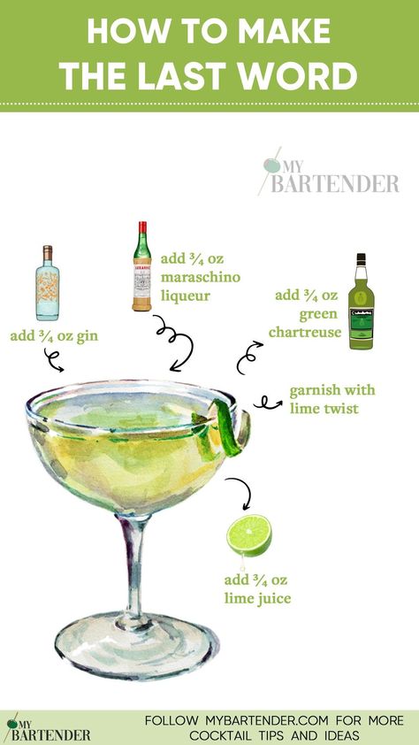 Unleash the perfect blend of sophistication and flavor with our Last Word Cocktail recipe! 🍸✨ Crafted with equal parts gin, green chartreuse, maraschino liqueur, and fresh lime juice, this classic concoction guarantees a taste bud symphony. 🎉🌿#LastWordCocktail Last Word Cocktail Recipe, Cocktails With Green Chartreuse, Lime Green Cocktails, The Last Word Cocktail, Chartreuse Drink Cocktails, Chartreuse Drink, Lime Cocktail Recipes, Lemon Cocktail Recipes, Last Word Cocktail