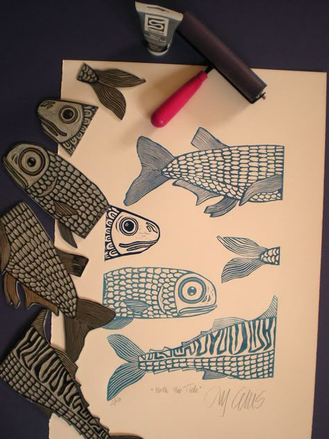 Hand Carved Stamps, Stamp Carving, Linocut Art, Middle School Art, Fish Art, Lino Print, Linoleum, Elementary Art, Linocut Prints