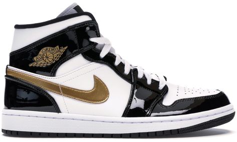 JORDAN 1 MID PATENT BLACK WHITE GOLD. #jordan #shoes Aj1 Mid, Jordan 1 Mid White, Jordan 1 Black, Authentic Jordans, Jordan Retro 1, Gold Outfit, Nike Gold, Air Jordan Retro, Nike Sb Dunk