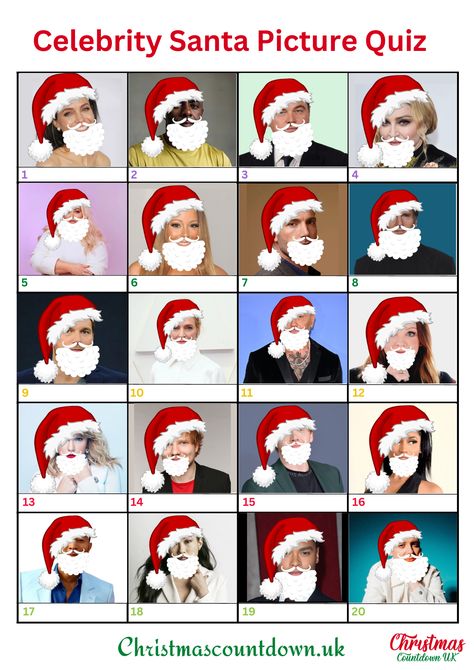 Guess The Celebrity Santa Christmas Picture Quiz And Answers, Christmas Quiz And Answers, Christmas Picture Quiz, Christmas Quiz Questions, Guess The Celebrity, Picture Questions, Picture Quiz, Christmas Quiz, Beard Hat