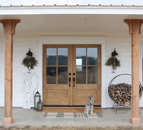 Double Front Doors Farmhouse, White Oak Double Front Door, Coastal Double Front Doors, Double Dutch Front Door, Front French Doors Entrance, Entry Doors Farmhouse, Wood Double Front Doors, Light Wood Front Door, Front Double Door Ideas