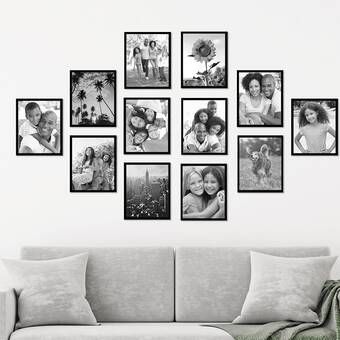 East Urban Home 12 Piece Black Picture Frame Set & Reviews | Wayfair Wall Photo Ideas, Family Pictures On Wall, Koti Diy, Unusual Pictures, Picture Gallery Wall, Gallery Wall Layout, Family Photo Wall, Diy Wand, Photo Wall Decor