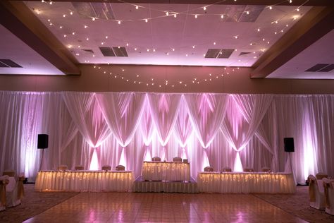 Custom drape backdrop with pink uplights and bistro lights. Photo Credit: Christina Jane Photography- http://www.cjphotoonline.com/ Pink Uplighting, Disneyland Party, Drape Backdrop, Pink Lighting, Ceiling Drapes, Bistro Lights, Area Lighting, Conference Center, Custom Drapes