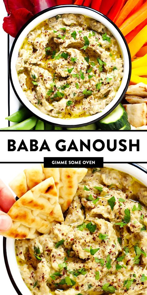 The BEST Baba Ganoush recipe -- easy to make with grilled or roasted eggplant, tahini, lemon juice, roasted garlic and a few simple seasonings. It's naturally gluten-free and vegan, works great as a dip or a spread, and tastes SO flavorful and delicious! | gimmesomeoven.com #babaganoush #dip #eggplant #spread #healthy #appetizer #vegan #glutenfree #vegetarian #dinner #lebanese Authentic Baba Ganoush Recipe, Best Baba Ganoush Recipe, Easy Baba Ganoush Recipe, Eggplant Dip Recipes, Baba Ganush, Baba Ganoush Recipe, Babaganoush Recipe, Eggplant Dip, Baba Ganoush