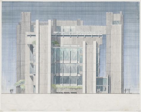 Paul Rudolph. Yale University, Art and Architecture Building, New Haven, Connecticut, Elevation. 1958–1964 | MoMA Paul Rudolph Architecture, University Drawing, Paul Rudolph, Louis Kahn, Drawing Architecture, Brutalist Buildings, Philip Johnson, Portfolio Examples, Yale University