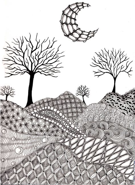 Zentanlgle Landscape www.jazangle.com Doodle Landscape Drawings, Landscape Doodle Art, Zen Tangle Landscape, Zentangle Landscape Line Drawings, Nature Doodle Art, Landscape Zentangle, Mandala Landscape, Landscape Doodles, Zentagle Drawing Ideas