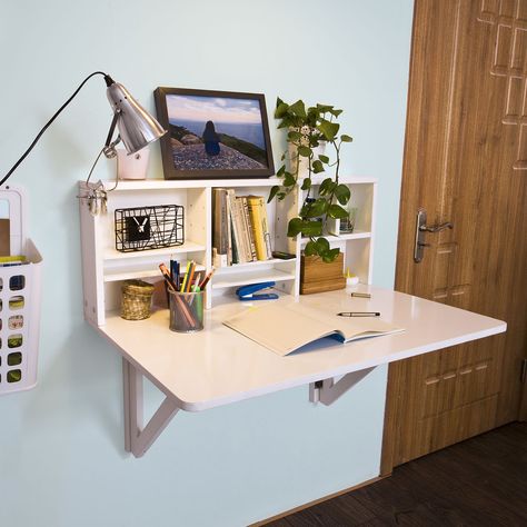 SoBuy FWT07-W, Folding Wooden Wall-mounted Drop-leaf Table Desk Integrated with Storage Shelves, L90xW60cm, White: Amazon.co.uk: Kitchen & Home Drop Leaf Desk, Office Table Desk, Wall Mounted Table, Home Office Table, Folding Walls, Wall Mounted Desk, Floating Desk, Wall Desk, Wall Table