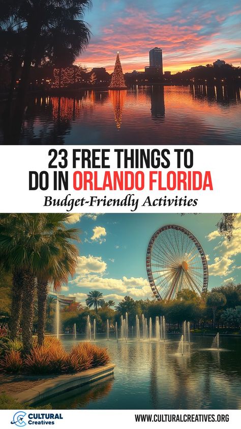 A picturesque view of a sunset over a decorated lake and a Ferris wheel surrounded by fountains and palm trees, highlighting 23 Free Things to Do in Orlando Florida. Free Things To Do In Florida, Free Things To Do In Orlando Florida, Orlando Florida Things To Do, Things To Do Orlando, Florida Activities, Davenport Florida, Things To Do In Orlando, Scenic Nature, Florida Orlando