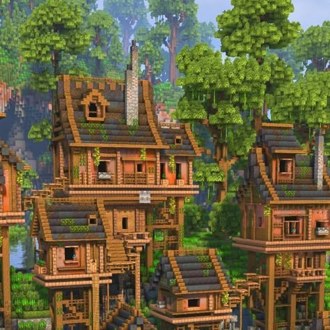 Jungle Mountain House Minecraft, Minecraft Building Ideas Jungle House, Jungle Theme Minecraft House, Minecraft Raised House, Minecraft Treehouse Village, Minecraft Forest Mansion, Jungle Wood Pallet Minecraft, Acacia Village Ideas Minecraft, Jungle Houses Minecraft