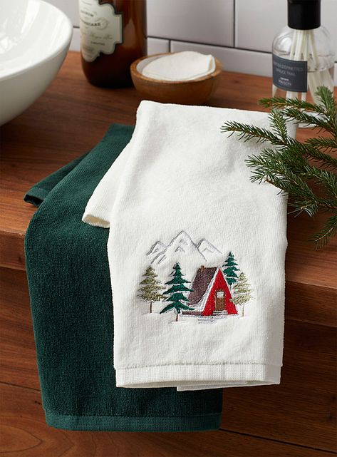 Snowy village hand towels Set of 2 | Simons Maison | Jacquards & Embroidery | Bath Towels | Simons Christmas Bath Towels, Towel Embroidery Designs, Snowy Village, Patterned Bath Towels, Towel Embroidery, Festive Holiday Decor, Soap Favors, Christmas Towels, Goats Milk