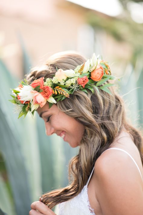 Tropical + Bohemian Florida Wedding Inspiration Gallery - Style Me Pretty Tropical Hair, Blue Flower Crown, Tropical Bohemian, Beach Wedding Decorations Reception, Flowers Crown, Best Wedding Makeup, Flowers In Her Hair, Bridal Flower Crown, Maui Wedding