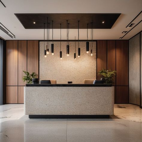 Modern Reception Area Interior Design, Mid Century Modern Office Reception, Front Office Design Entrance, Masculine Reception Area, Tiny Waiting Room, Office Reception Area Design Modern, Reception Interior Design Office, Built In Reception Desk, Back Office Design