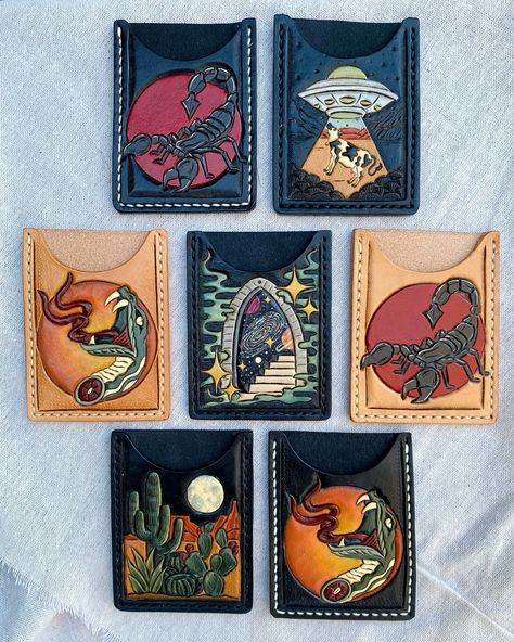 Make carrying your cards fun again. Leather Burning Ideas, Leather Art Handmade, Leather Knife Sheath Pattern, Leather Goods Handmade, Wood Cookies, Leather Sketchbook, Spring Work, Handmade Notebook, Leather Art