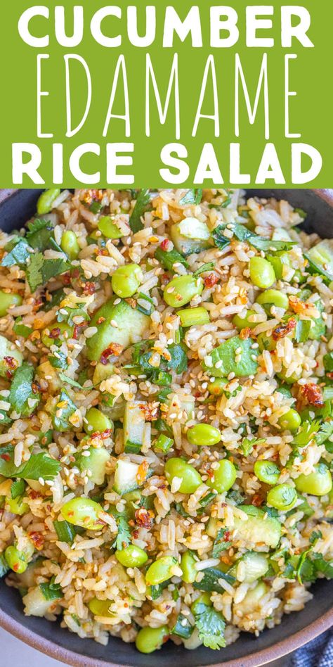 This Cucumber Edamame Rice Salad is made using flavorful and fresh ingredients.  It's filled with veggies and plant based protein, making it a great light lunch option, but I also enjoy it as a side dish.  This healthy rice salad comes together quickly and is great for weekend meal prep! This salad recipe is inspired by Asian flavors and reminds me a little of the veggie sushi rolls.  Enjoy with a spoon or with snack size seaweed sheets! #ricesalad #veganrecipe #glutenfree Cold Asian Side Dishes, Simple Salad Recipes For Lunch, Healthy Snacks To Meal Prep, Healthy Rice Salad Recipes, Fiber Based Meals, Sushi Rice Salad Recipe, Meal Prep Dishes, Protein Filled Lunch Ideas, Fresh Vegetarian Meals