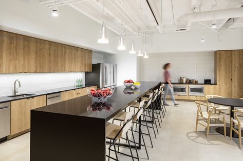 PointsBet Corporate Office Breakroom Design Corporate Break Room, Breakroom Design, Break Room Design, Open Office Design, Conference Room Design, Wood Plank Ceiling, Waterfall Island, Corporate Interior Design, Corporate Office Design