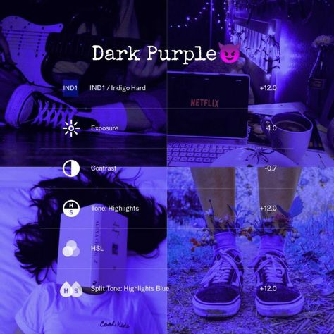 Lightroom Purple Filter, Blue Filter Instagram, Vsco Purple Filter, Purple Filter Instagram, Dark Purple Theme Aesthetic, Dark Vsco Filter, Vsco Dark Filter, Vsco Filter Ideas, Vsco Filter Blue