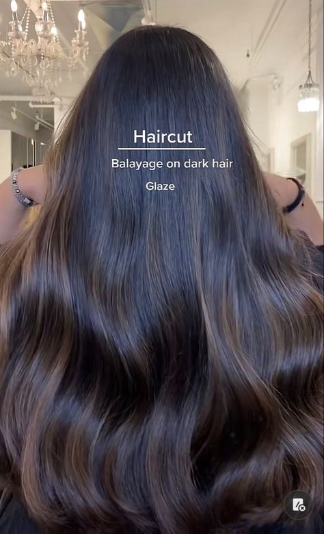 Dimension On Dark Hair, Brown Baby Lights On Black Hair, Chocolate Brown Glaze Hair, Dark Brown Hair With Dimension Balayage, Dark Chocolate Balayage Black Hair, Caramel Highlights On Dark Hair Straight, Brown Hair Vs Black Hair, Babylights Black Hair, Black Hair Babylights