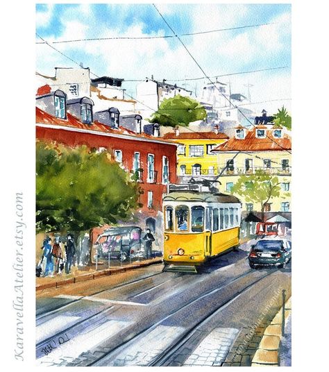 Original Lisbon Painting, Portugal Artwork, Handmade Watercolor, Portuguese Art, Lisbon Yellow Tram, Tram 28, Largo Das Portas Do Sol Lisboa Tram Painting, Portuguese Art, Portugal Art, Lisbon Tram, Facebook Art, Poster Travel, Lisbon Portugal, Art Pages, Travel Poster