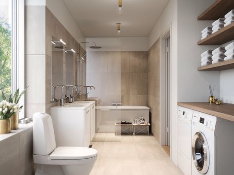 Bathroom Bath Laundry Combo, Scandinavian Laundry Room, Laundry Room Bathroom Combo, Laundry Bathroom Combo, Bathroom With Laundry, Laundry Room Layouts, Laundry Design, Laundry Room Bathroom, Laundry Room Inspiration