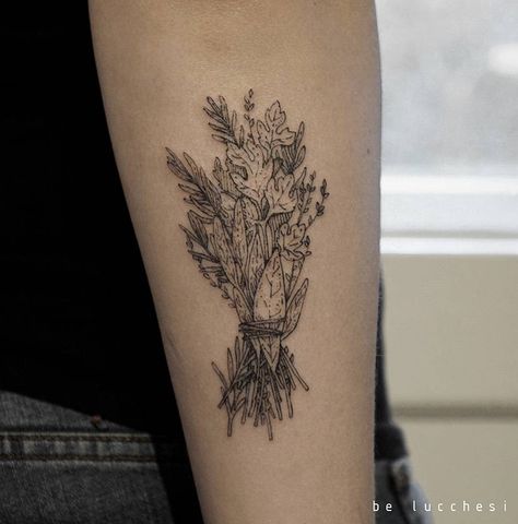 Bouquet Of Herbs Tattoo, Bouquet Of Herbs, Herb Bunch Tattoo, Herb Bouquet Tattoo, Fall Bouquet Tattoo, Bouquet Garni Tattoo, Dried Flower Bouquet Tattoo, Herb Bundle Tattoo, Culinary Tattoos For Women