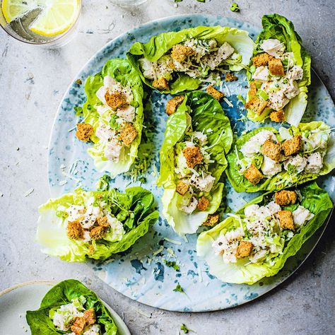 Caesar salad cups | Healthy Recipe | WW UK Mini Chopped Caesar Salad Cups, Mini Ceaser Salad Cups, Ceasar Salad Cups For Party, Cesar Salad Cups, Fancy Caesar Salad Presentation, Ceasar Salad Plating Ideas, Mini Caesar Salad, Caesar Salad Bites, Caesar Salad Cups