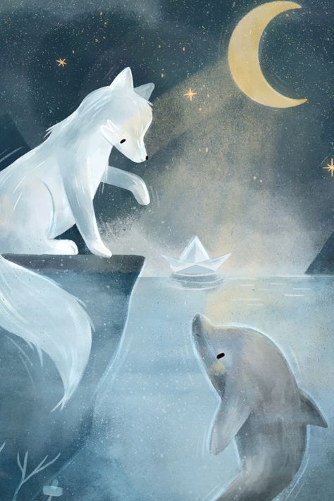 Dolphin Drawing, Fox Nursery Art, Dolphin Art, Fox Nursery, Night Illustration, Animal Illustration Art, Whale Art, Fox Art, Arte Fantasy