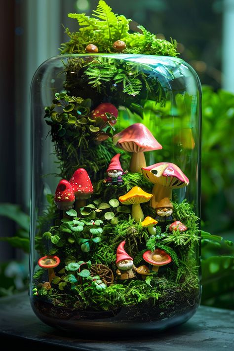 Fake Terrarium, Outdoor Fountain Ideas, Diy Terrarium Ideas, Lantern Terrarium, Waterfall Home, Terrarium House, Fountain Outdoor, Fairy Terrarium, Unique Terrarium