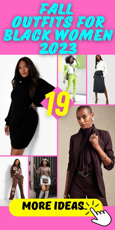 Fall Outfits for Black Women: Aesthetic and Versatile Styles Elevate your fall wardrobe with our collection of aesthetic and versatile outfits for black women. From business casual attire for the office to trendy ensembles for a night out, our outfits cater to different needs and preferences. Whether you're in your 30s, 40s, or over 50, our stylish options will make you look and feel fantastic. Don't forget to accessorize with hats and complete your look with confidence. Outfit Ideas For Black Women Over 40, Casual Night Out Outfit Black Women, Outfits For Black Women Over 50, Fall Outfits Women Black Woman Casual, Tall Black Women Fashion, Womens Casual Fall Outfits 2023, Fall Looks For Black Women 2023, Fall 2023 Business Casual, Fall Day Party Outfit Black Women