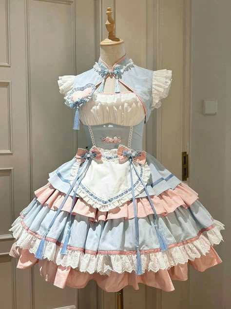 Cute Maid Dress, Cute Maid Outfit, Blue Pink Dress, Poofy Skirts, Diner Dress, Cake Outfit, Pink And Blue Dress, Puffy Dress, Cake Dress