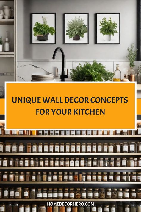 Modern kitchen with open shelves filled with jars and spices, framed plant wall art above the sink, and the text "Unique Wall Decor Concepts for Your Kitchen" displayed. Kitchen Wall Ideas, Ceiling Artwork, Simple Decor Ideas, Kitchen Wall Decor Ideas, Blackboard Wall, Vintage Cookware, Wall Decor Ideas, Creating Memories, Typographic Print