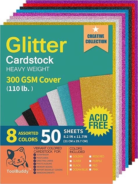 Amazon.com : Heavyweight Glitter Cardstock Paper - 110lb. / 300GSM - 50 Sheets A4 Colored Craft Card Stock for Craft Project, DIY, Gift Wrapping, Birthday Party Wedding Decorations, Scrapbooking, 8 Assorted Color : Arts, Crafts & Sewing Cardstock Paper Crafts, Gift Wrapping Birthday, How To Make Scrapbook, Memory Album, Craft Card, Diy Gift Wrapping, Color Crafts, Glitter Cardstock, Crafting Paper