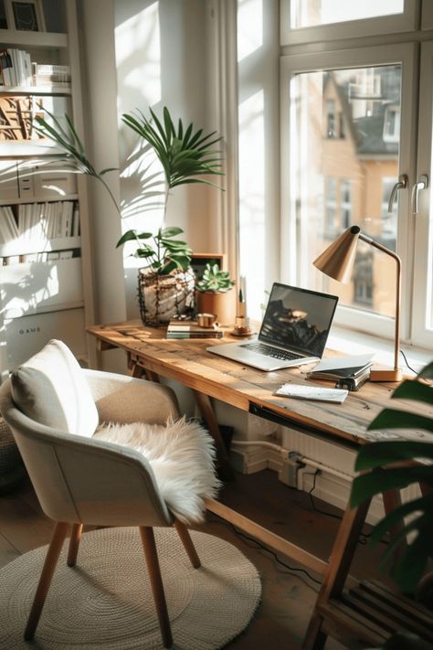 41 Stunning Scandinavian Home Office Design Ideas - Edward George Home Office Asthetics, Eclectic Home Office Ideas, Corner Home Office Ideas, Scandinavian Moodboard, Work Aesthetic Office, Aesthetic Office Space, Scandi Office, Corner Home Office, Scandinavian Home Office