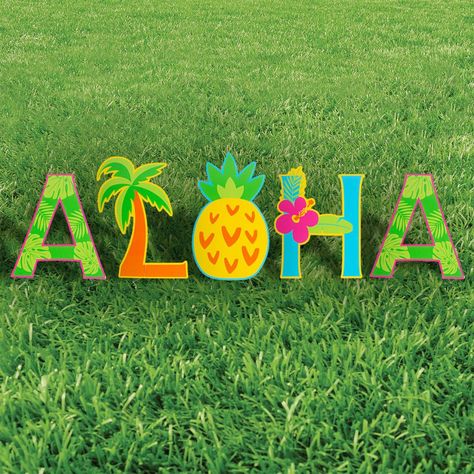 Create a quirky pictorial greeting to welcome guests to your luau or pool party! This Aloha sign cleverly incorporates a palm tree and a pineapple as the letters O and L. This whimsical summer party supply can be used again; just store the components flat in a dry area until your next tropical bash! Printed on one side only. Includes metal stakes. Plastic. (5 pcs. per unit) Each letter, 12" x 20" Simple assembly required. © OTC Luout Party Decorations, Diy Beach Party Decorations, Luau Signs, Hawaiian Signs, Luau Party Ideas For Kids, Luau Sign, Luau Party Ideas For Adults, Aloha Party Decorations, Hawaii Decorations