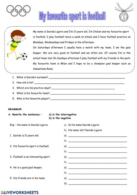 My favourite sport is football - Interactive worksheet Football Reading Comprehension, Sport Reading Comprehension, Football Worksheets For Kids, Football Worksheets, Sport English, Sports Activities For Kids, Reading Comprehension For Kids, English Activities For Kids, Kids English