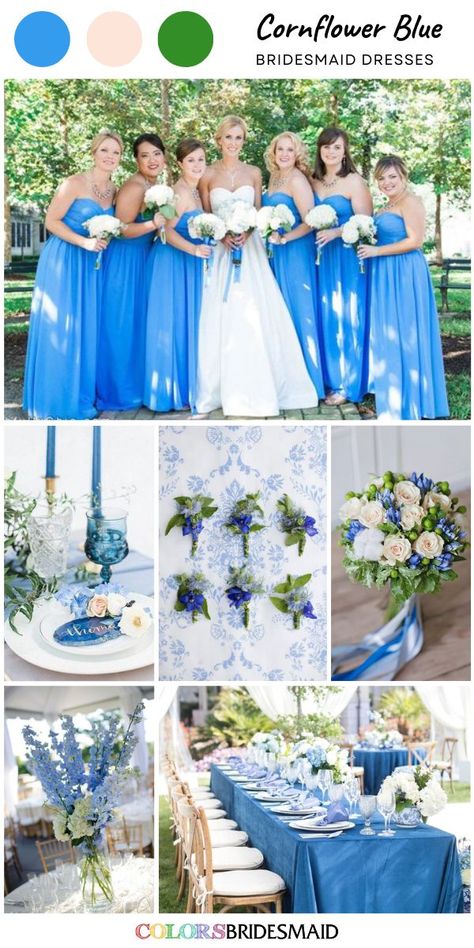 Blue Wedding Tablecloth, Cornflower Blue Bridesmaid Dresses, Cornflower Blue Wedding, Cornflower Blue Dress, Blue Flower Bouquet, Blue Flowers Bouquet, White Bridal Gown, Wedding Tablecloths, Blue Bridesmaid Dress