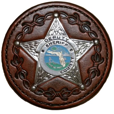 Leather Badge Holder, Antique Gel, Barbwire Stamp, 5 Point Star Badge Holder Ideas, Police Accessories, Leather Badge Holder, 5 Point Star, Fire Badge, Sheriff Badge, Leather Tooling Patterns, Tooling Patterns, Star Badge