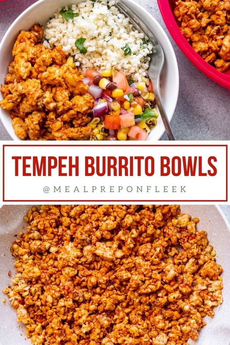 Skip takeout and make this easy vegan burrito bowl complete with tangy cilantro-lime rice. Crumbled tempeh takes on the texture of ground meat and gets seasoned up with Mexican spices for a protein-rich meal. Tempeh Taco Bowl, Tempeh Crumble Recipes, Tempeh Meal Prep, Tempeh Burrito, Veg Meal Prep, Vegan Burrito Bowl, Burrito Bowl Meal Prep, Tempeh Tacos, Vegan Crumble