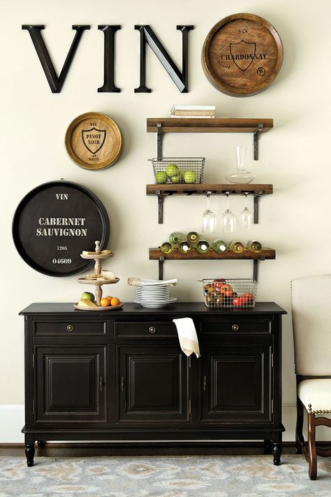 Love this vignette! Smaller version on the bar?  Ballard Designs wine storage shelf Bar In Casa, Deco Champetre, Wine Kitchen, Wine Decor, Bar Room, Kitchen Design Decor, Cool Ideas, Wine Room, Ballard Designs