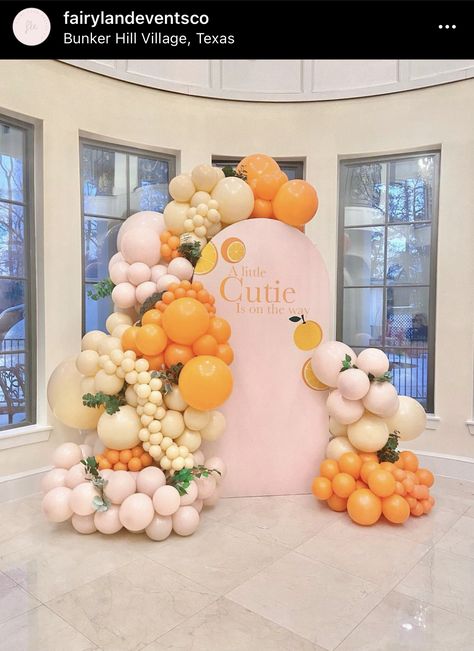 Gender Reveal Spring Theme, Cutie Themed Table Decor, Cutie Oranges Gender Reveal, Cutie Baby Shower Balloons, A Little Cutie Baby Shower Backdrop, Cutie Pie Gender Reveal, Spring Theme Gender Reveal, Little Cutie Baby Shower Balloon Arch, Citrus Balloon Garland