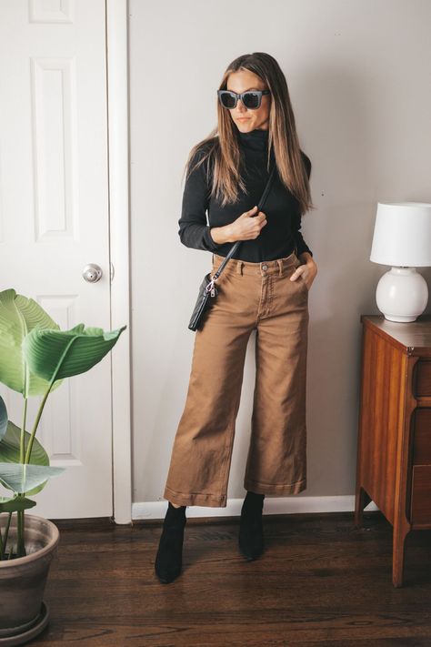 @stitchandsalt on LTK Black Turtleneck Outfit Winter, Ankle Boots Outfit Casual, Style A Black Turtleneck, Wide Leg Cropped Pants Outfit, Brown Wide Leg Pants Outfit, Cropped Pants Winter, Ankle Pants Outfit, Brown Jeans Outfit, Black Ankle Boots Outfit